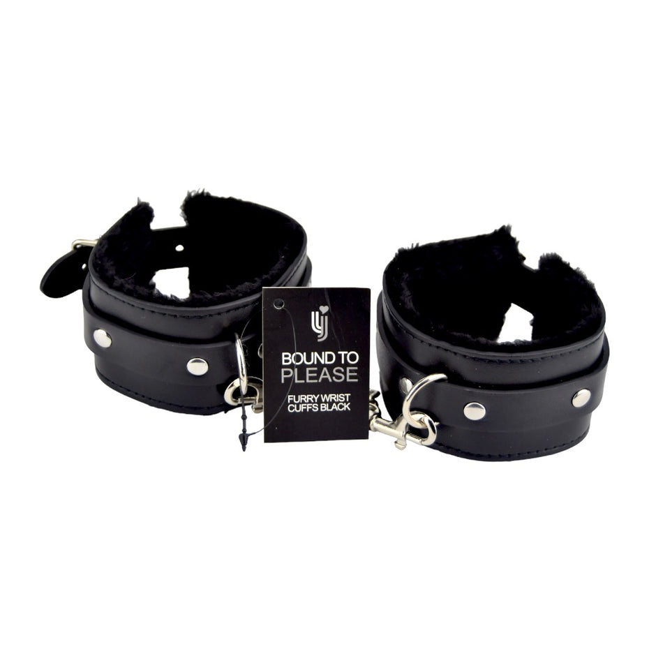 Bound to Please Furry Plush Wrist Cuffs Black